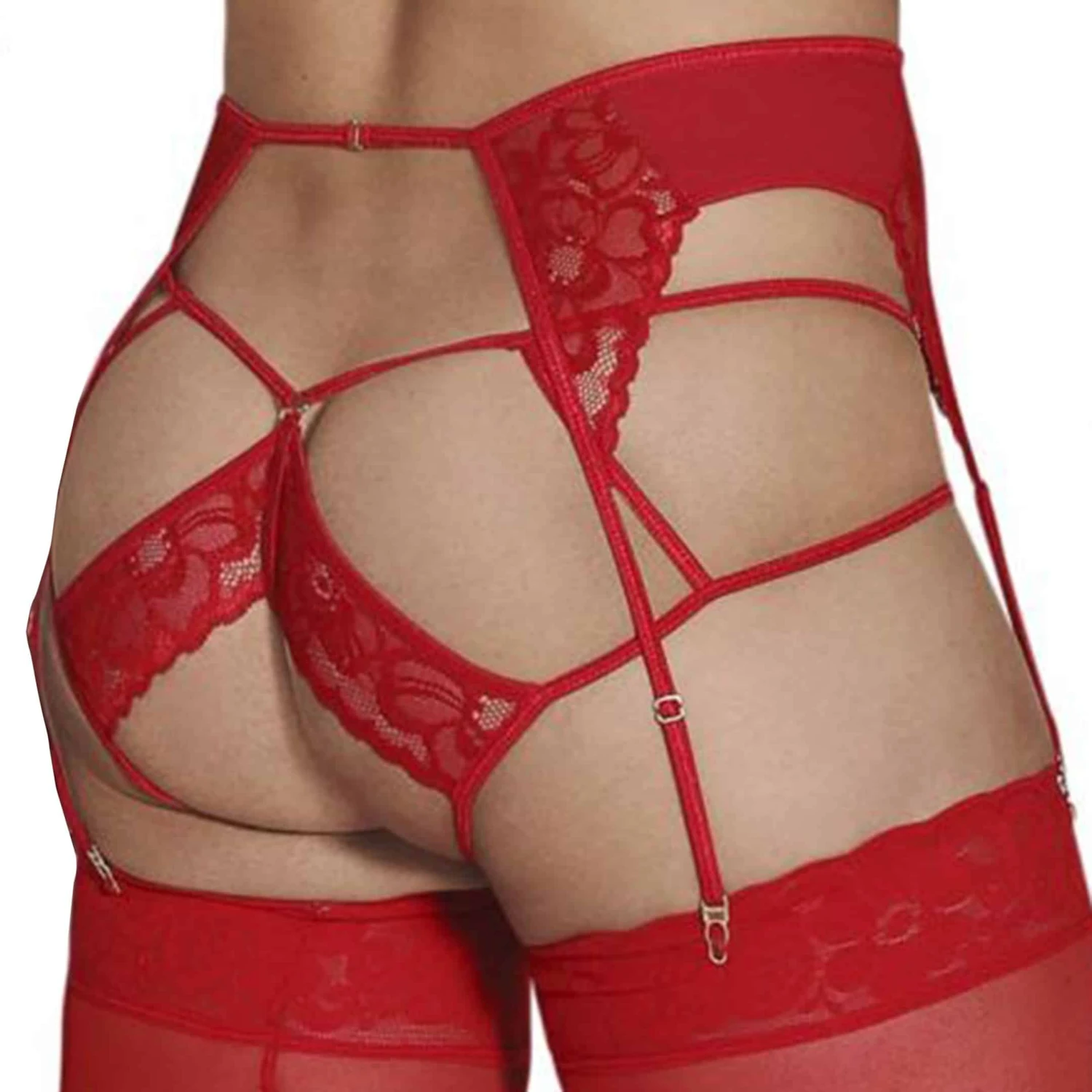Ensemble Jarretière - Jock Strap Dentelle Rouge 1 Ensemble Jarretière - Jock Strap Dentelle Rouge