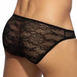 Slip Bikini Dentelle Florale Noir