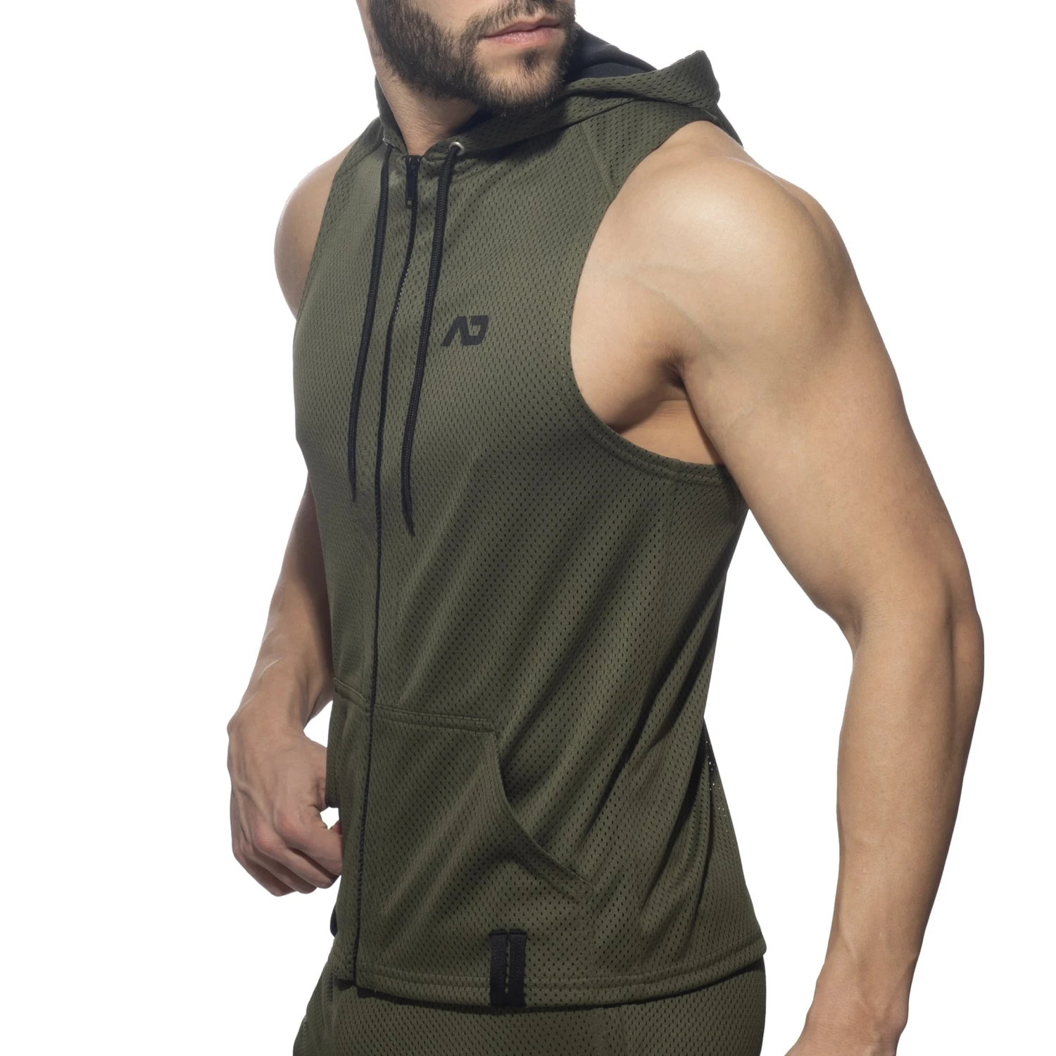 Veste à Capuche Sans Manche Loop Mesh Kaki 1 Veste à Capuche Sans Manche Loop Mesh Kaki